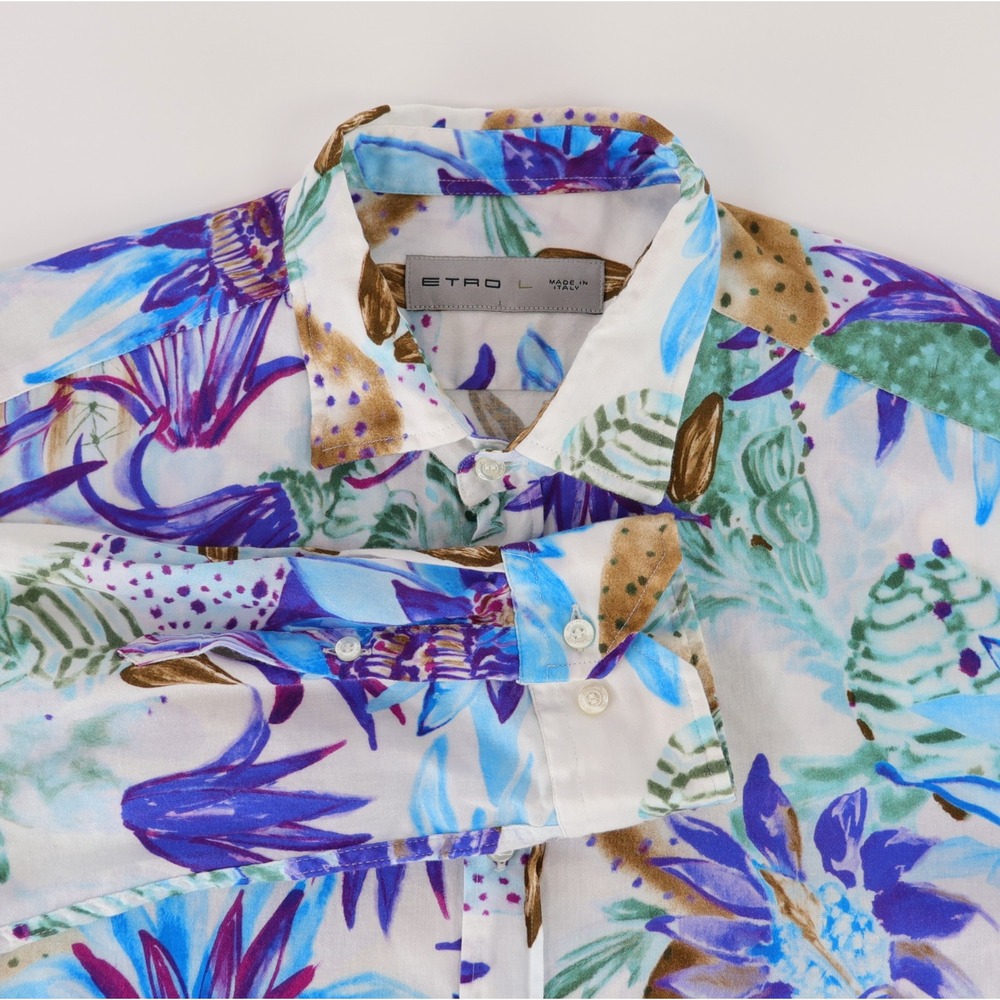 Etro Shirt Mens Large White Multi Cactus Floral Print Long Sleeve Made in Italy